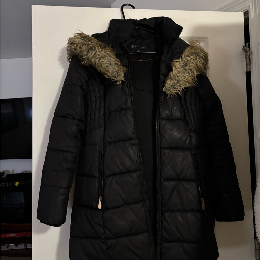 INC International Concepts Black Puffer Jacket with Faux Fur